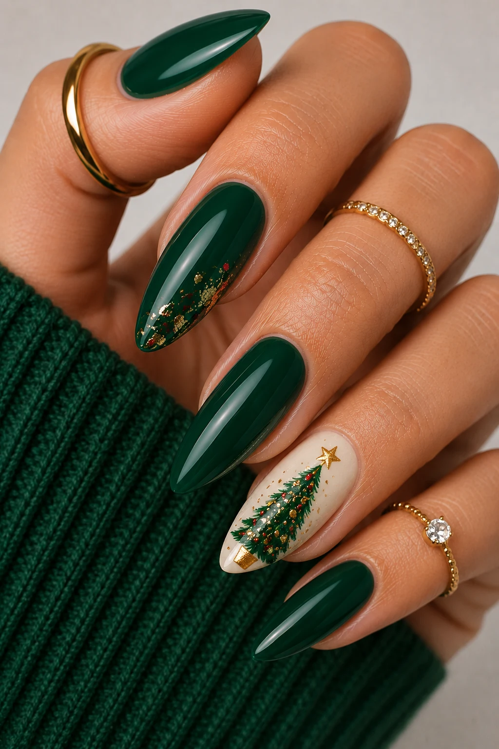 Festive Green French Tips — green christmas nail ideas style outfit, worn by a stylish woman