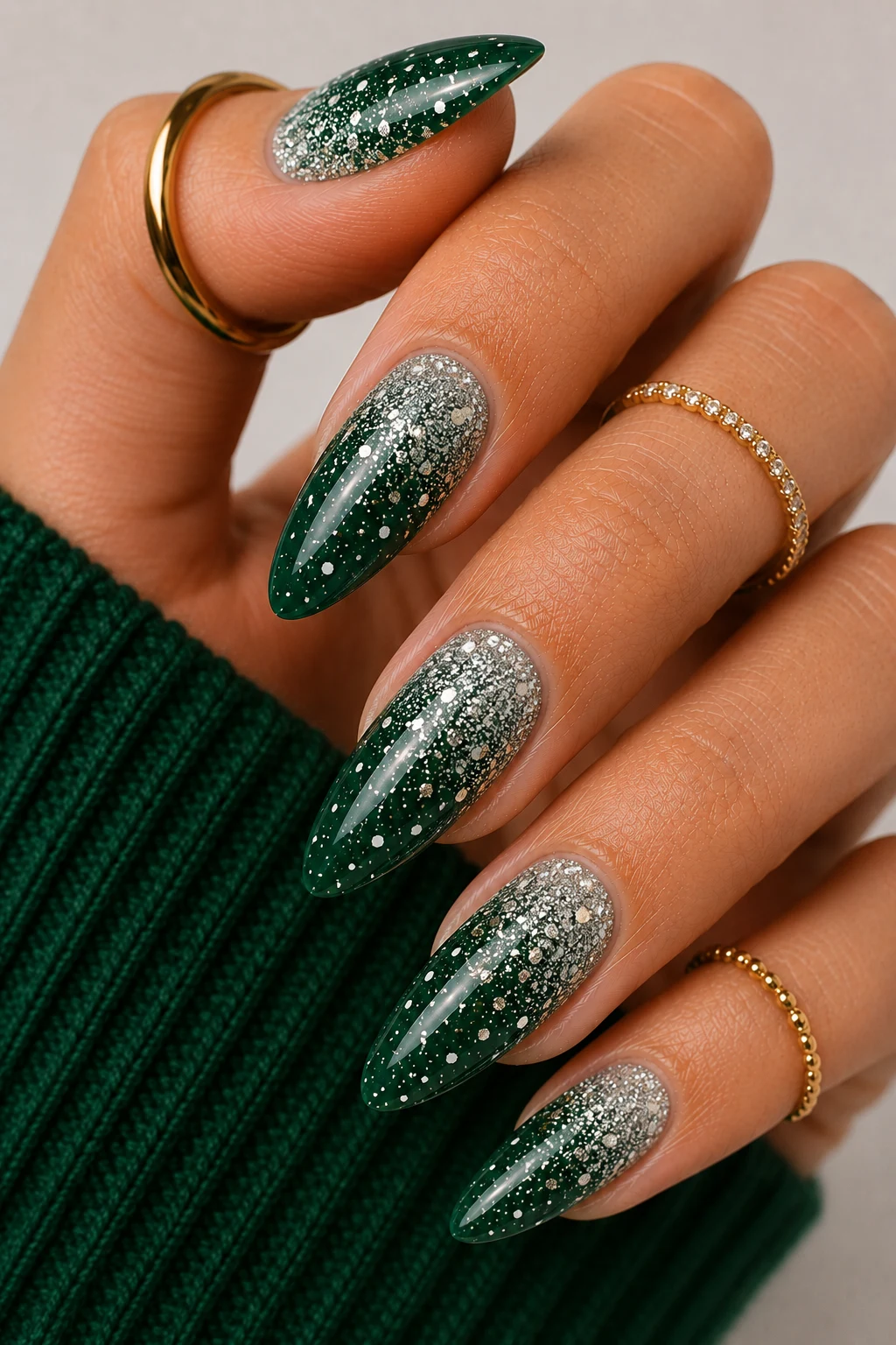 Christmas Tree Accent Nail Delight — green christmas nail ideas style outfit, worn by a stylish woman