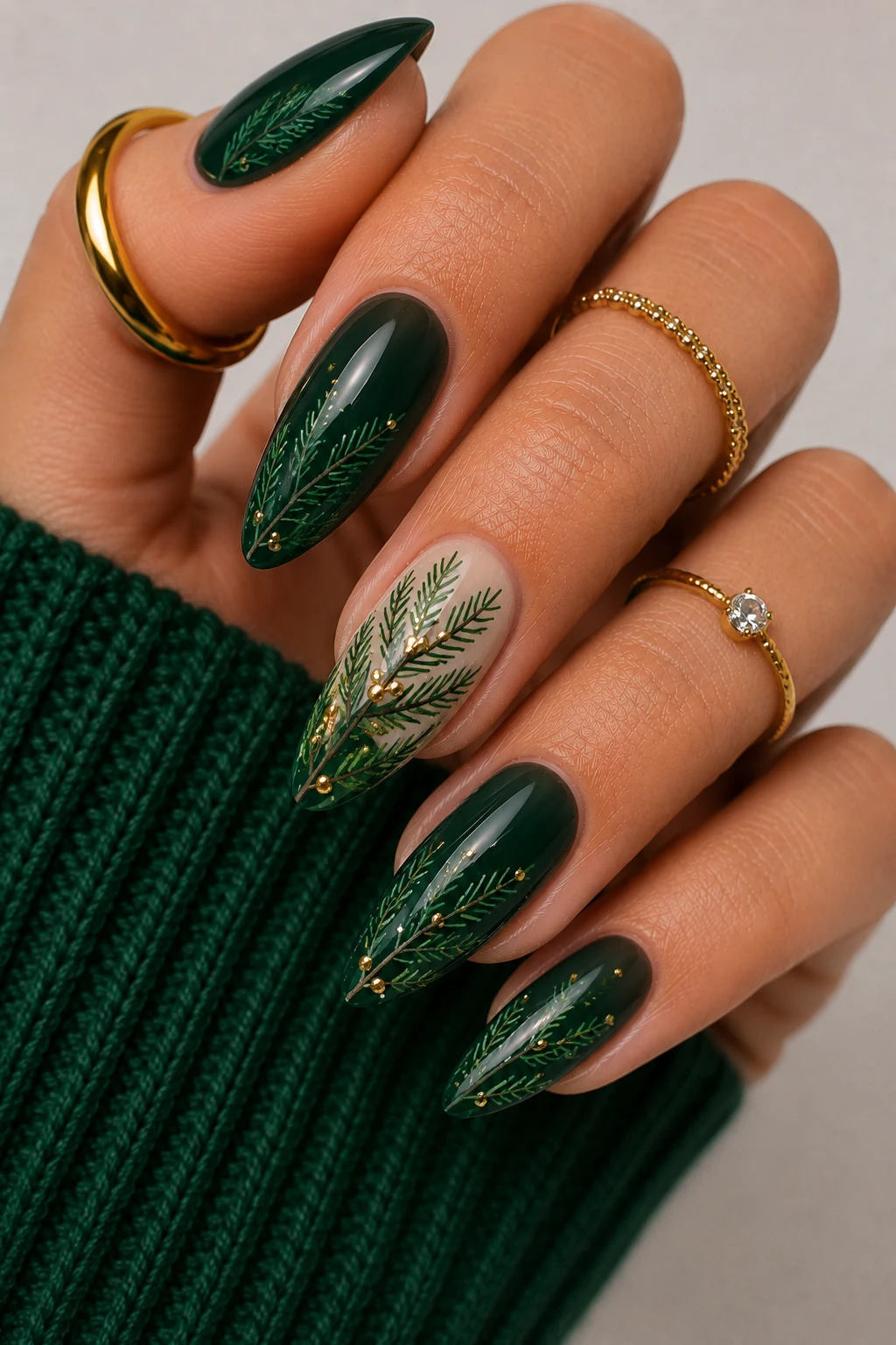 Green Christmas Nail Ideas With Glitter Snowfall — green christmas nail ideas style outfit, worn by a stylish woman