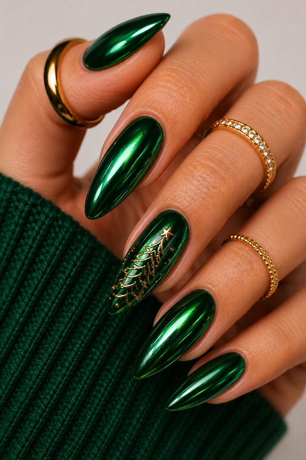 Velvet Green Chrome Christmas Luxe — green christmas nail ideas style outfit, worn by a stylish woman