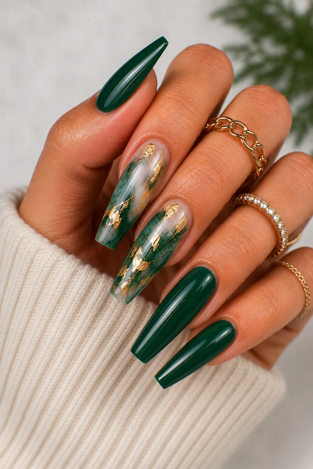 Green Dip Nail Ideas with Gold Foil Accents — green dip nail ideas style outfit, worn by a stylish woman