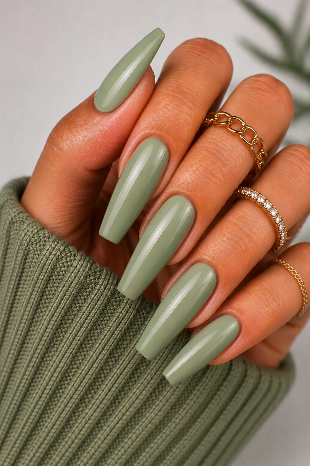 Sage Green Minimalist Perfection — green dip nail ideas style outfit, worn by a stylish woman