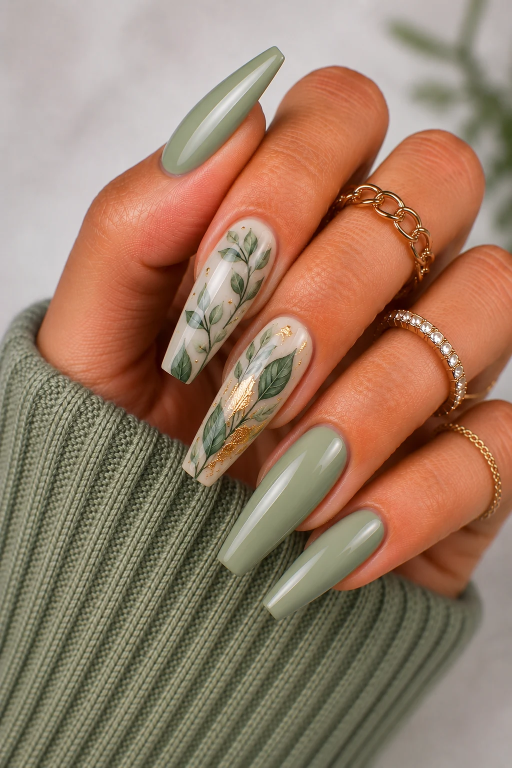 Botanical Green Dip Nail Ideas — green dip nail ideas style outfit, worn by a stylish woman