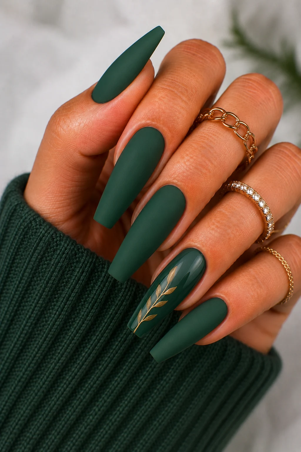 Matte Forest Green Elegance — green dip nail ideas style outfit, worn by a stylish woman