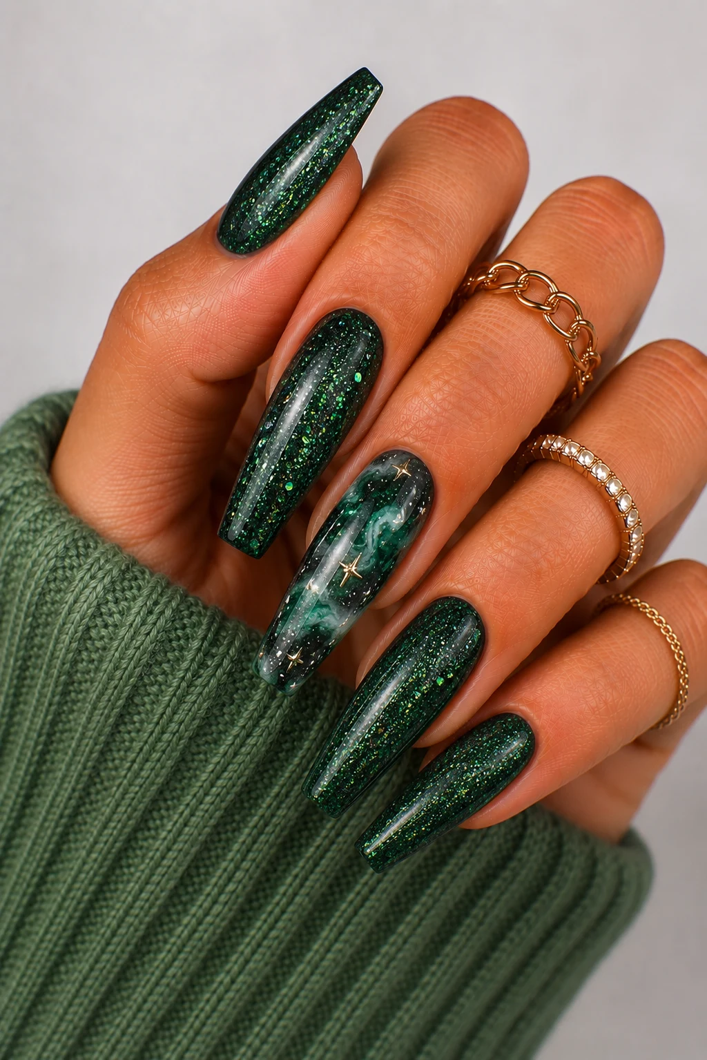 Glittering Green Galaxy Nails — green dip nail ideas style outfit, worn by a stylish woman