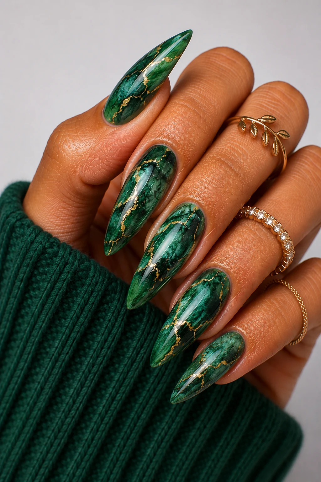 Emerald Marble Luxury — green nail ideas acrylic style outfit, worn by a stylish woman