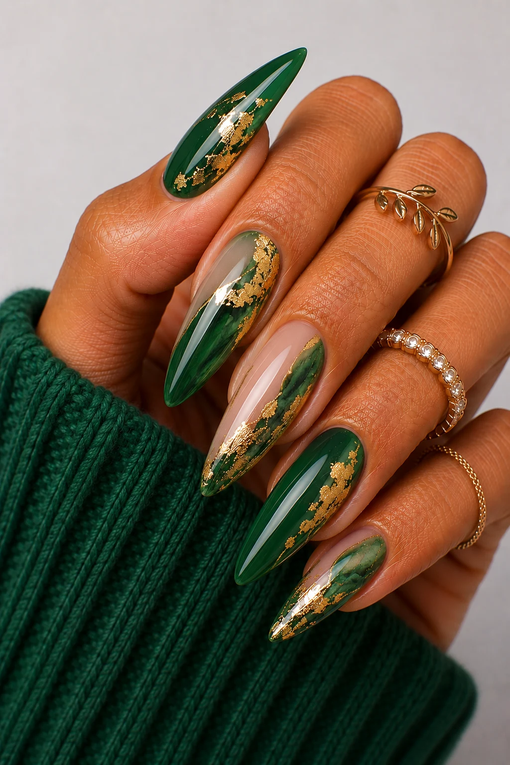 Green Nail Ideas Acrylic with Gold Foil Glam — green nail ideas acrylic style outfit, worn by a stylish woman