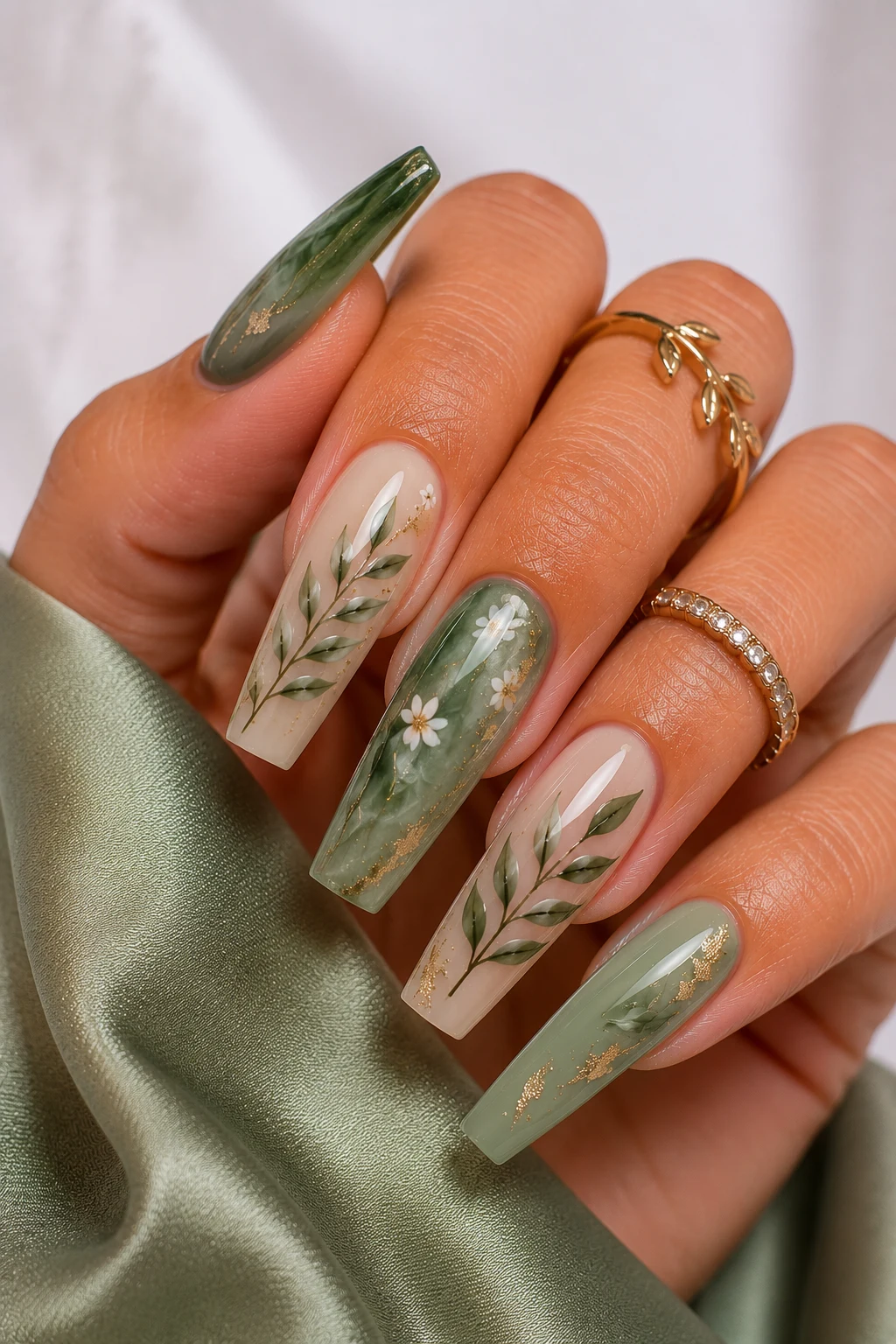 Botanical Green Nail Art Perfection — green nail ideas acrylic style outfit, worn by a stylish woman