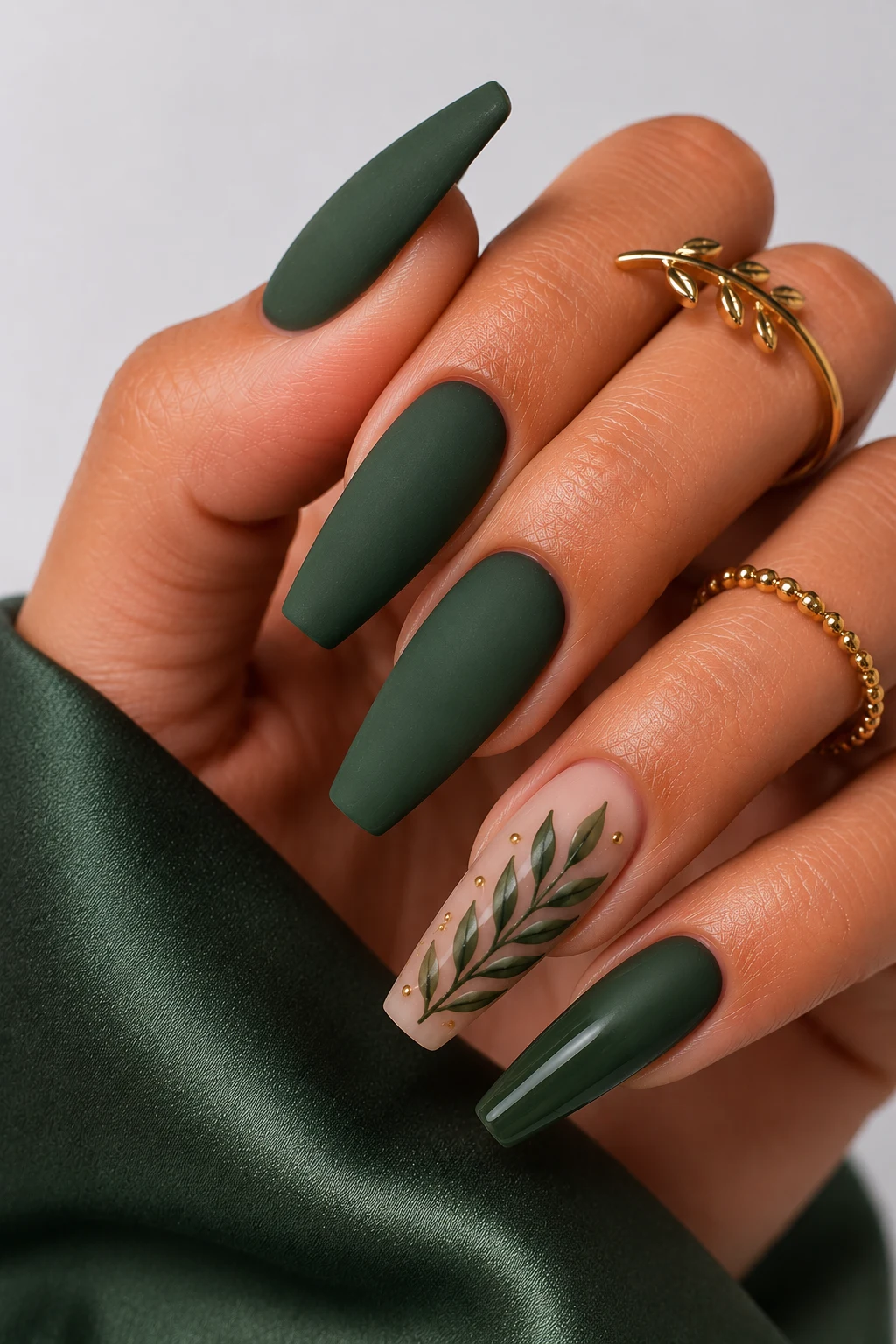 Matte Forest Green Elegance — green nail ideas acrylic style outfit, worn by a stylish woman