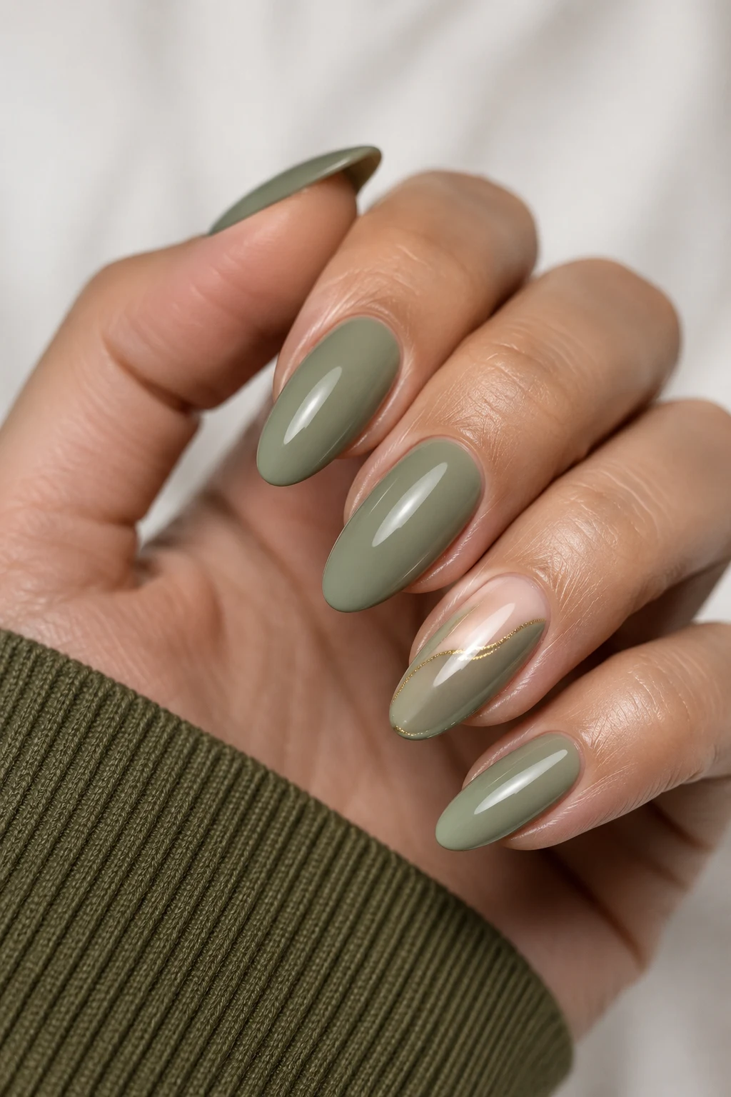 Sage Green Minimalist Magic — green nail ideas style outfit, worn by a stylish woman