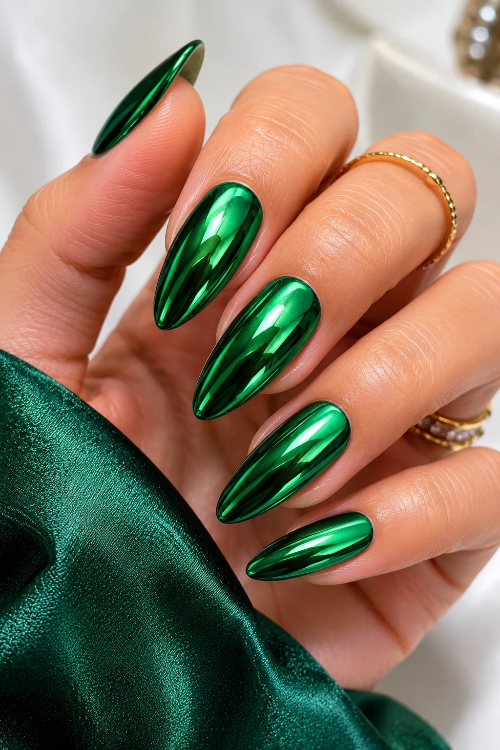 Emerald Chrome Glam — green nail ideas style outfit, worn by a stylish woman