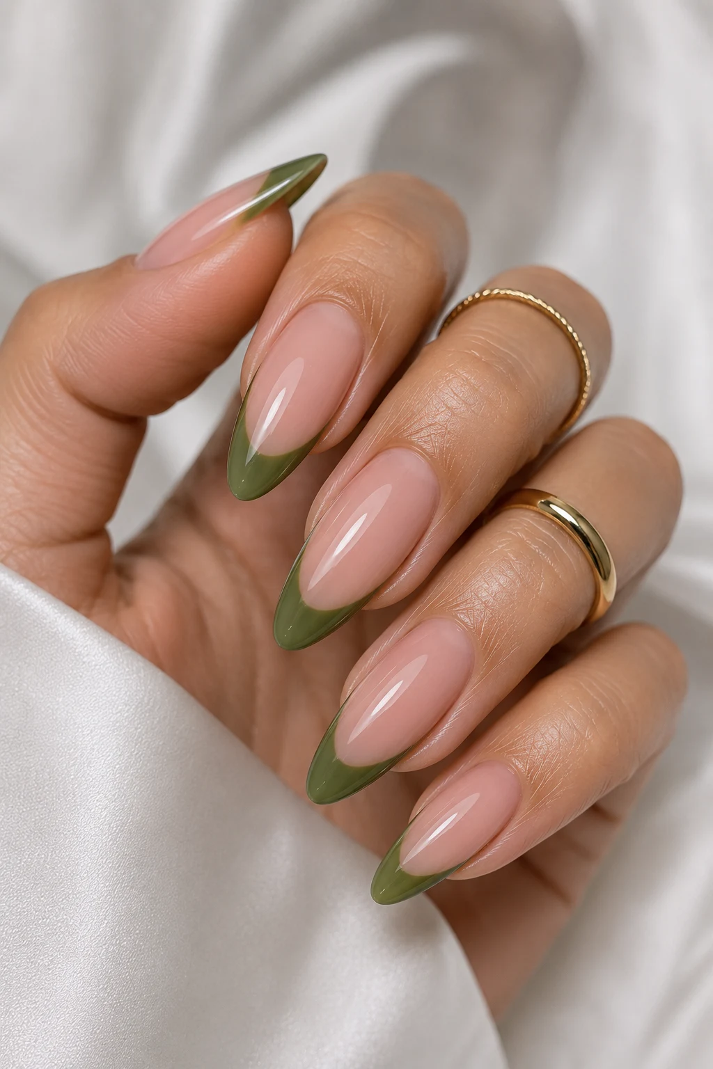 Green French Tip Refresh — green nail ideas style outfit, worn by a stylish woman