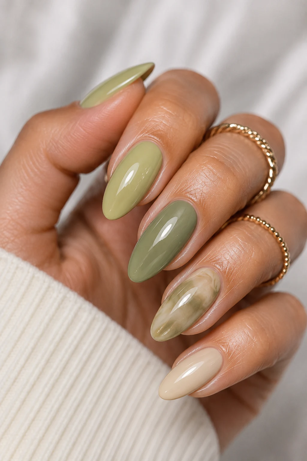 Matcha Latte Nails — green nail ideas style outfit, worn by a stylish woman