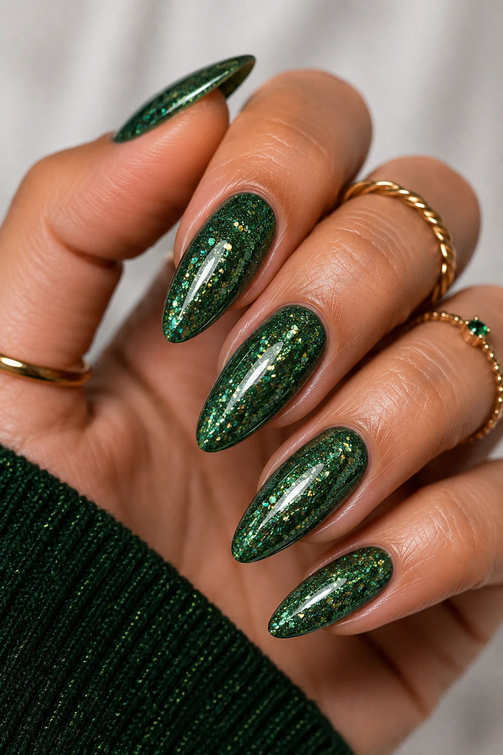 Glitter Green Party Nails — green nail ideas style outfit, worn by a stylish woman