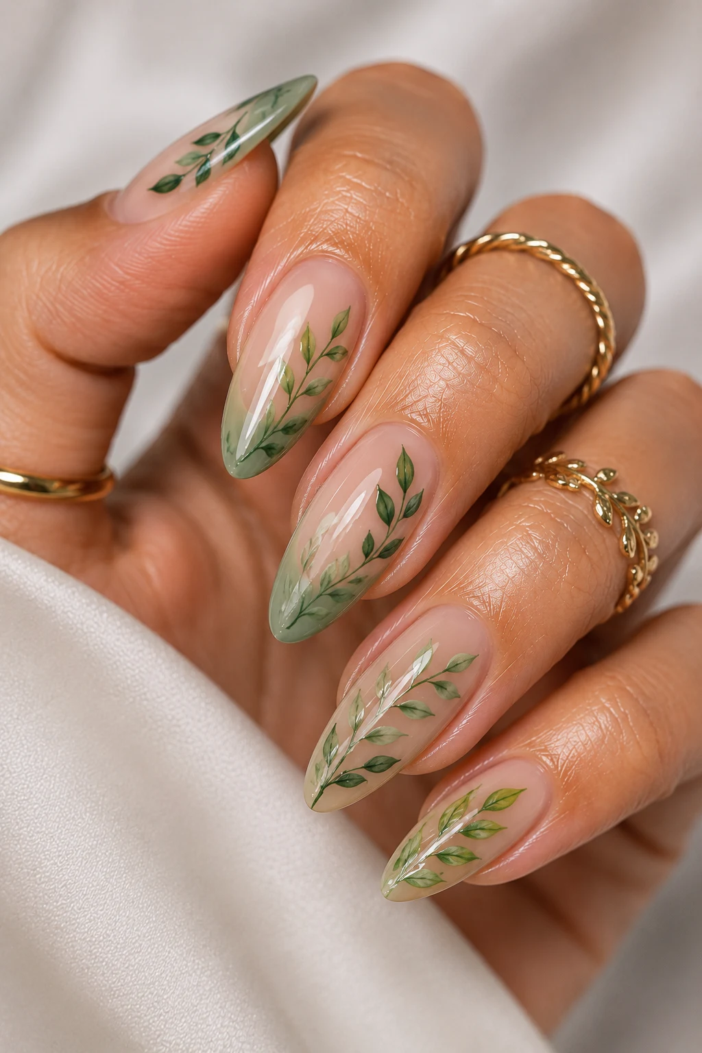 Botanical Leaf Art Designs — green nail ideas style outfit, worn by a stylish woman