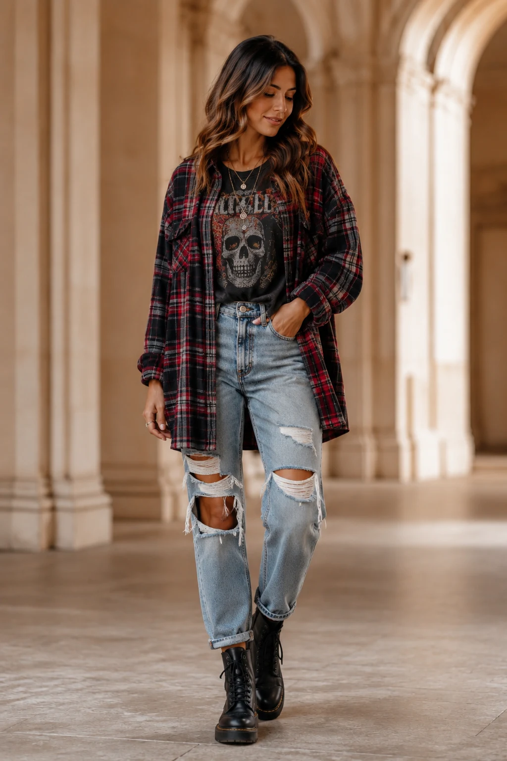 The Oversized Flannel and Ripped Jeans Classic — grunge outfits style outfit, worn by a stylish woman