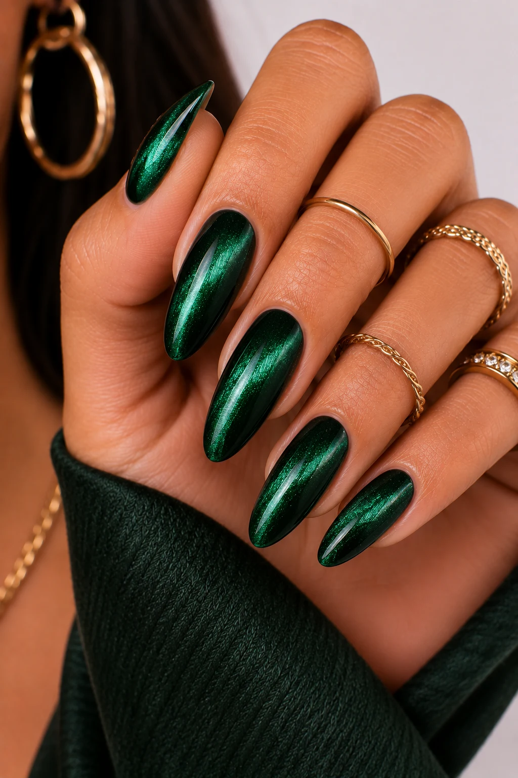 Hunter Green Velvet Luxe — hunter green nail ideas style outfit, worn by a stylish woman