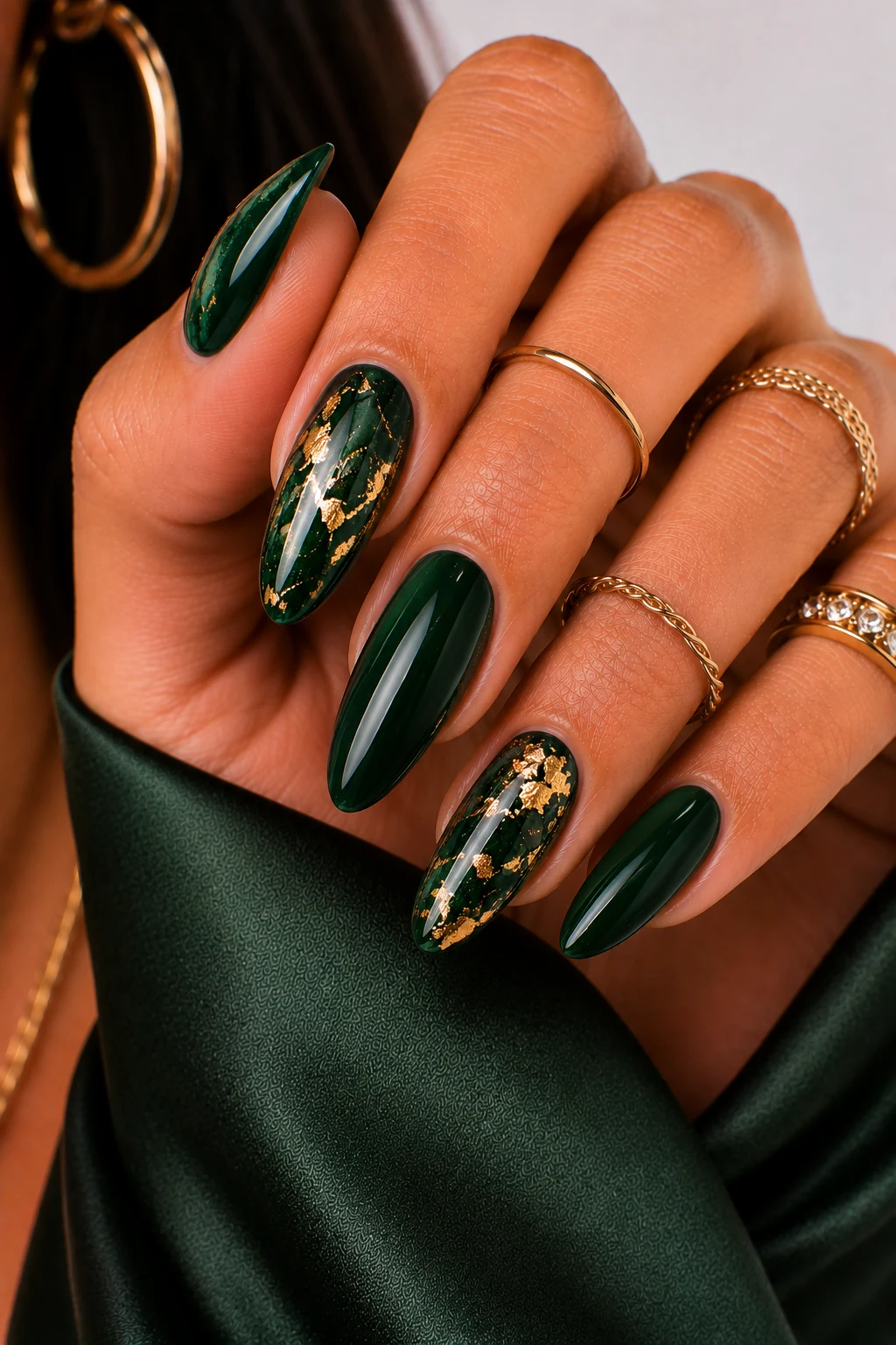 Gold Foil Hunter Green Nail Ideas — hunter green nail ideas style outfit, worn by a stylish woman