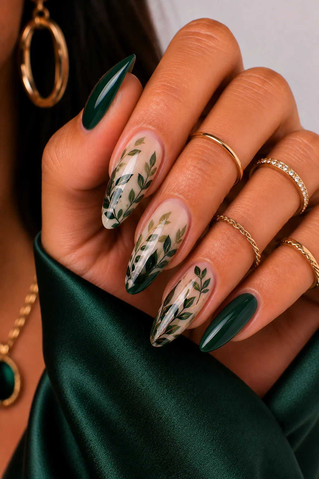 Botanical Hunter Green Nail Ideas — hunter green nail ideas style outfit, worn by a stylish woman