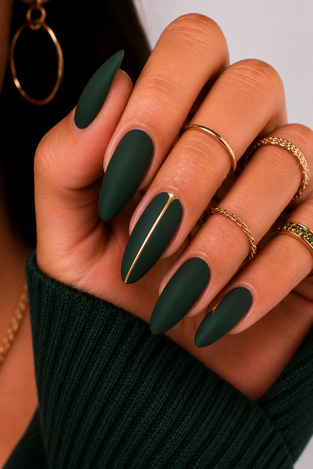 Matte Hunter Green Elegance — hunter green nail ideas style outfit, worn by a stylish woman
