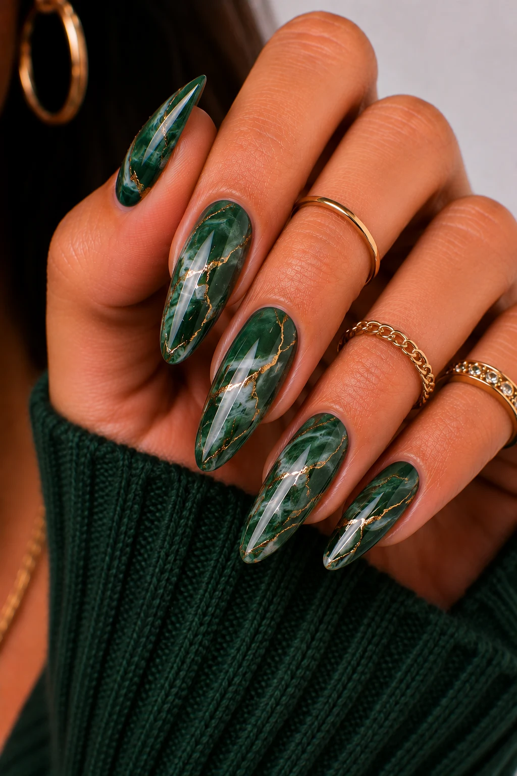Hunter Green Marble Masterpiece — hunter green nail ideas style outfit, worn by a stylish woman