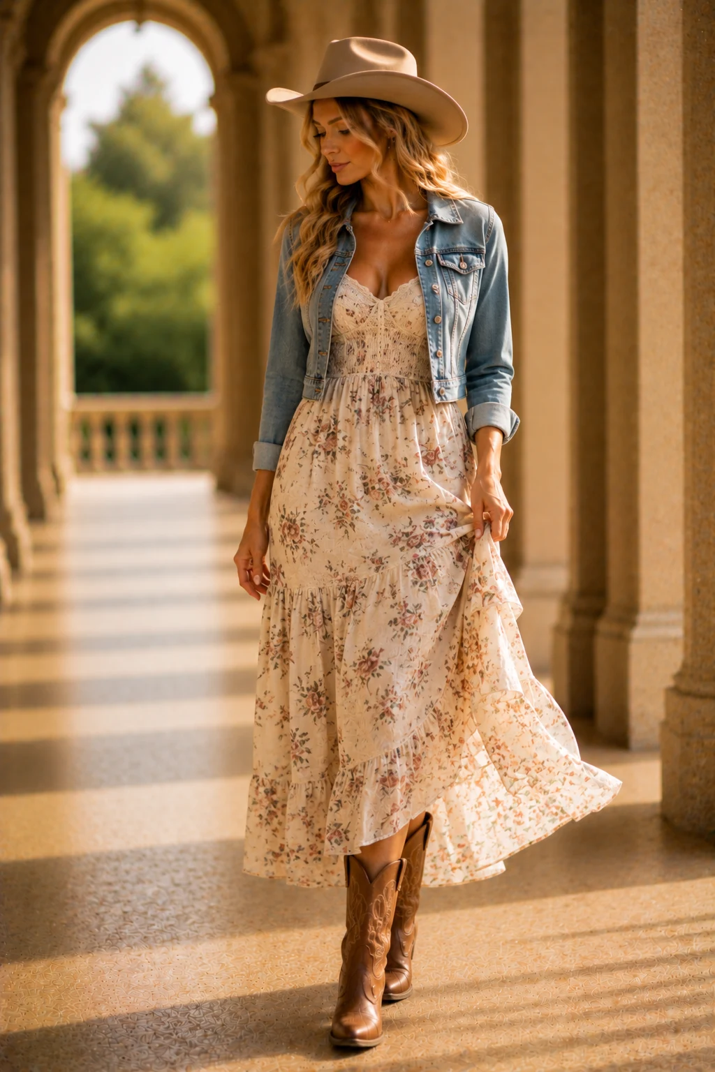 The Flowy Prairie Dress with Modern Western Charm — cowboy outfit style outfit, worn by a stylish woman