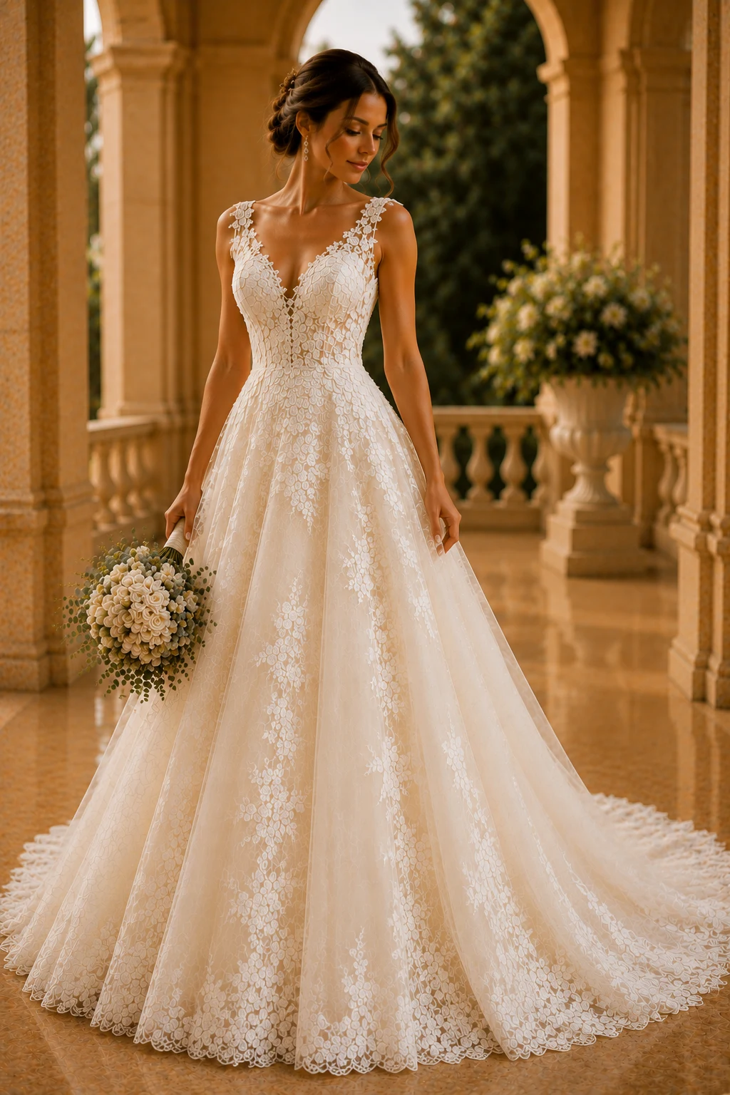 The Timeless Lace Princess Gown — ivory bride dress style outfit, worn by a stylish woman