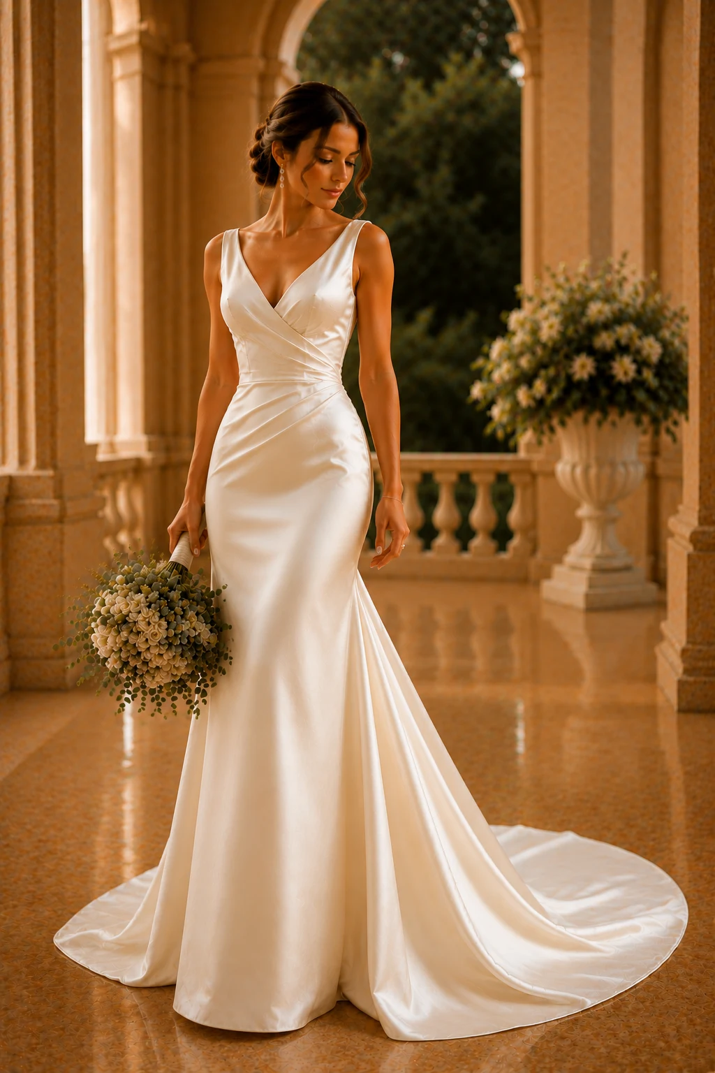 The Sleek Satin Statement Dress — ivory bride dress style outfit, worn by a stylish woman