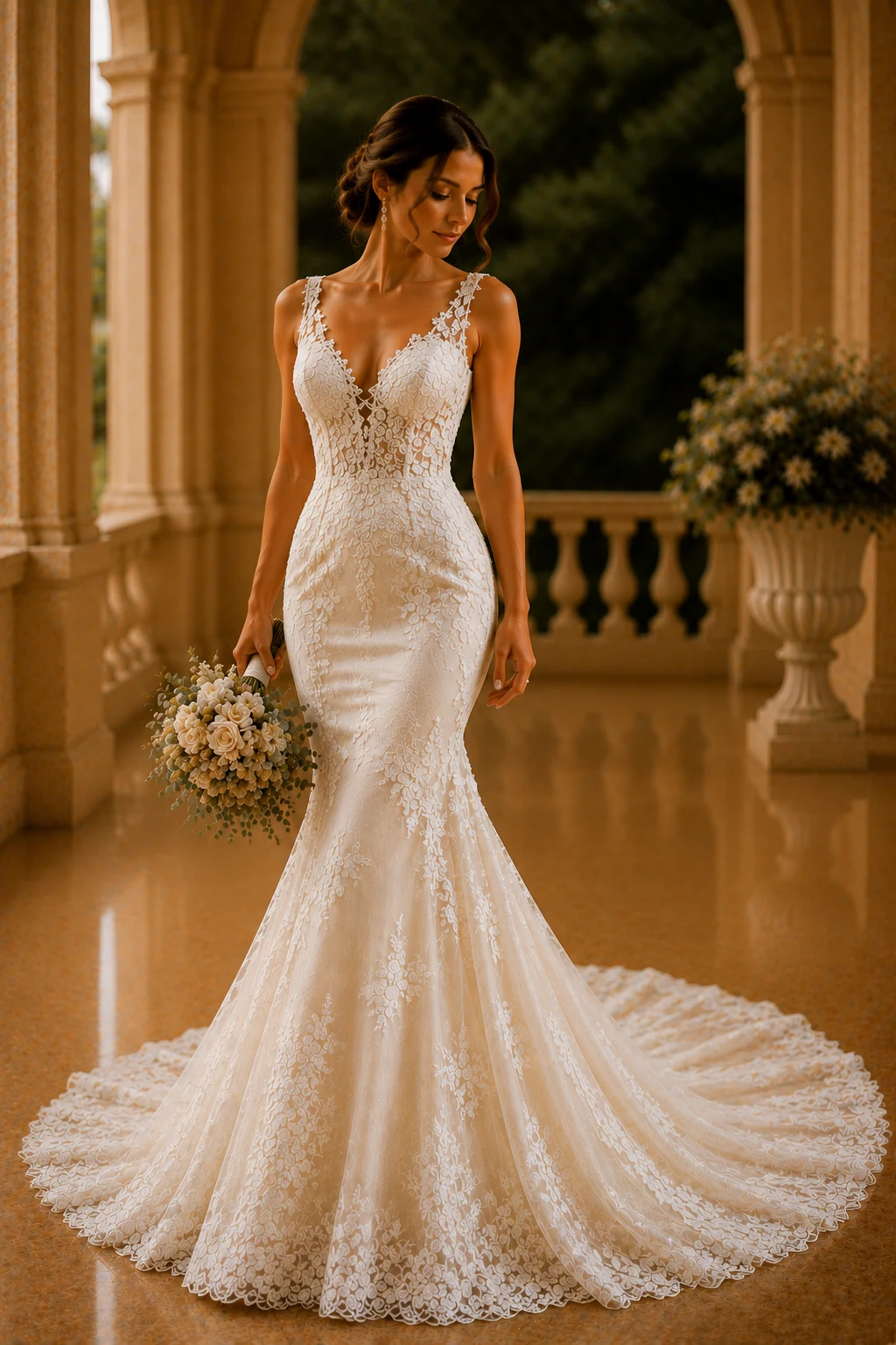 The Glamorous Mermaid Masterpiece — ivory bride dress style outfit, worn by a stylish woman