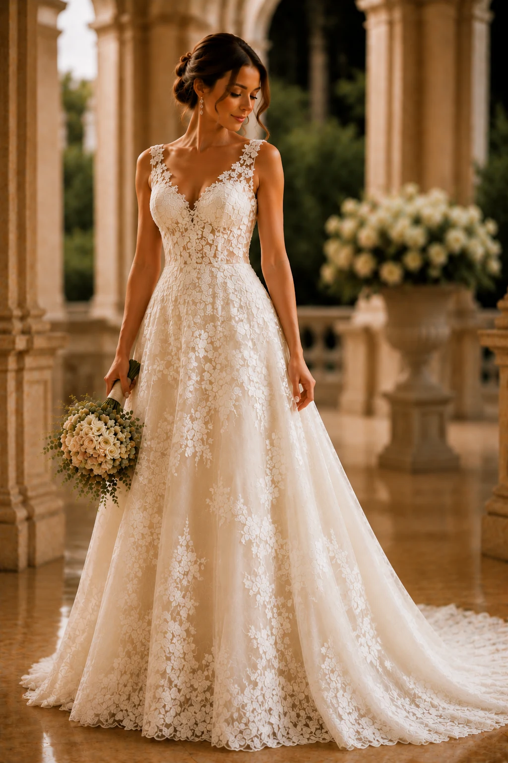 The Classic Floral Lace Romance — ivory lace wedding dress style outfit, worn by a stylish woman