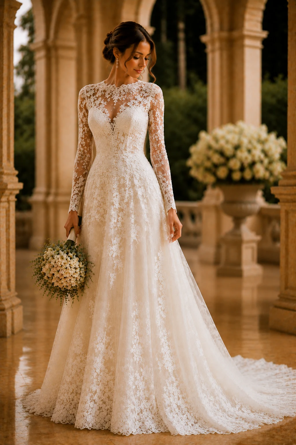 The Long-Sleeve Lace Showstopper — ivory lace wedding dress style outfit, worn by a stylish woman
