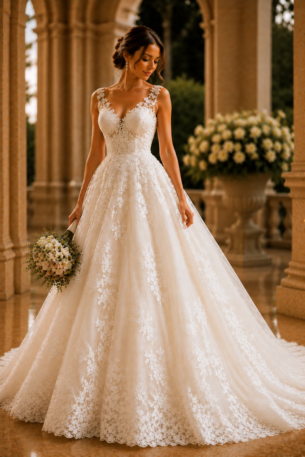 The Fairytale Ball Gown Beauty — ivory lace wedding dress style outfit, worn by a stylish woman
