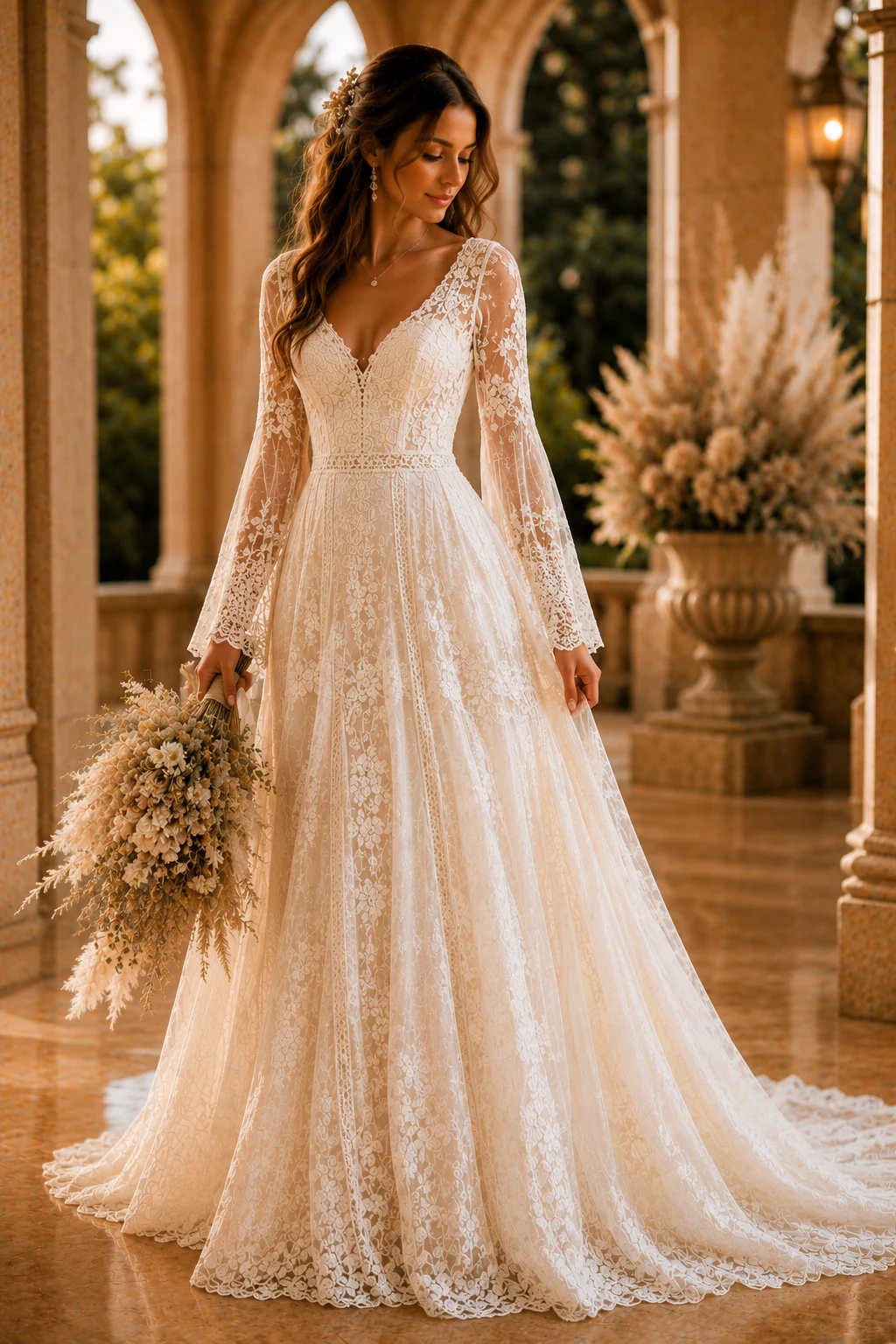 The Boho Lace Dream — ivory lace wedding dress style outfit, worn by a stylish woman