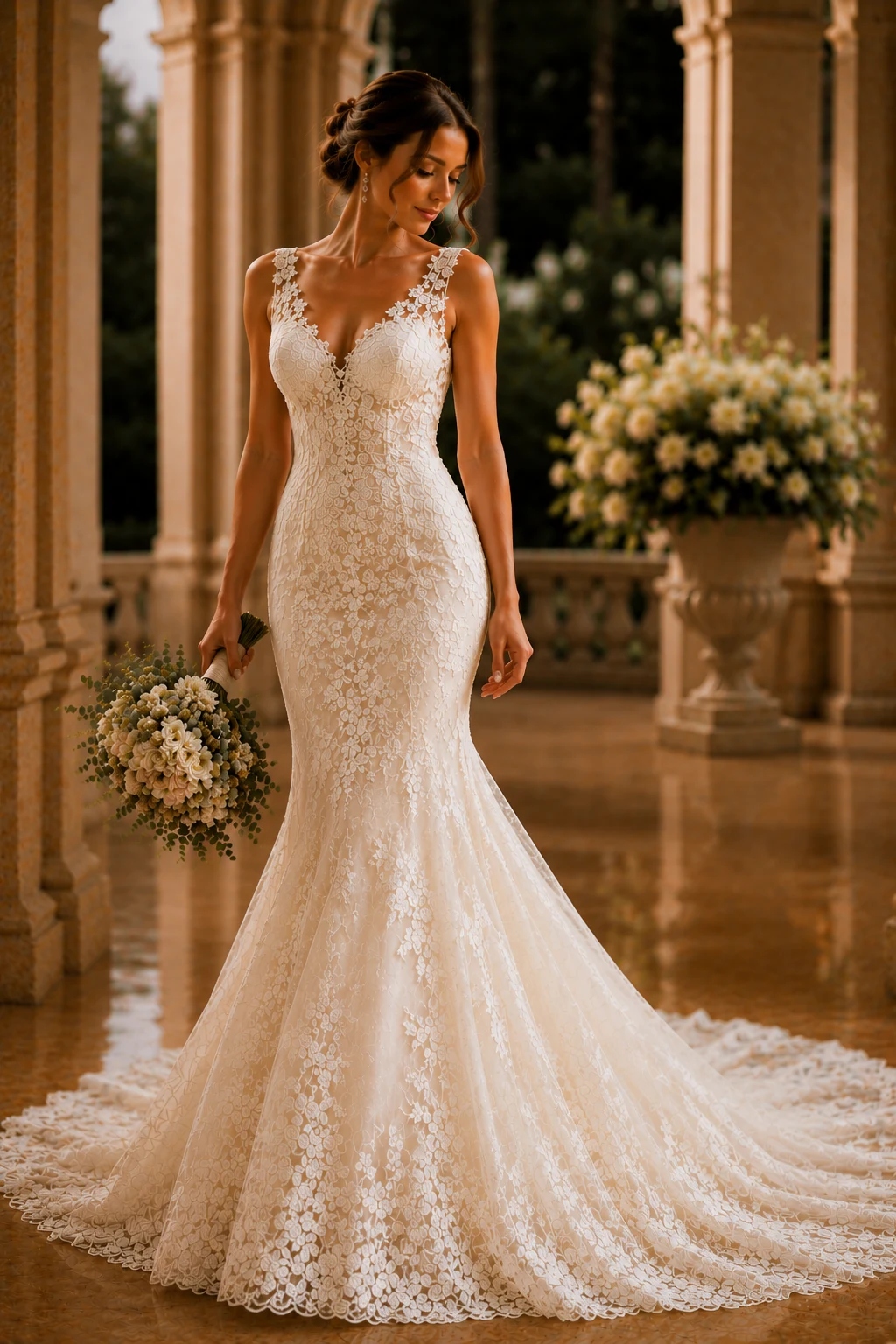 The Glamorous Mermaid Lace Moment — ivory lace wedding dress style outfit, worn by a stylish woman