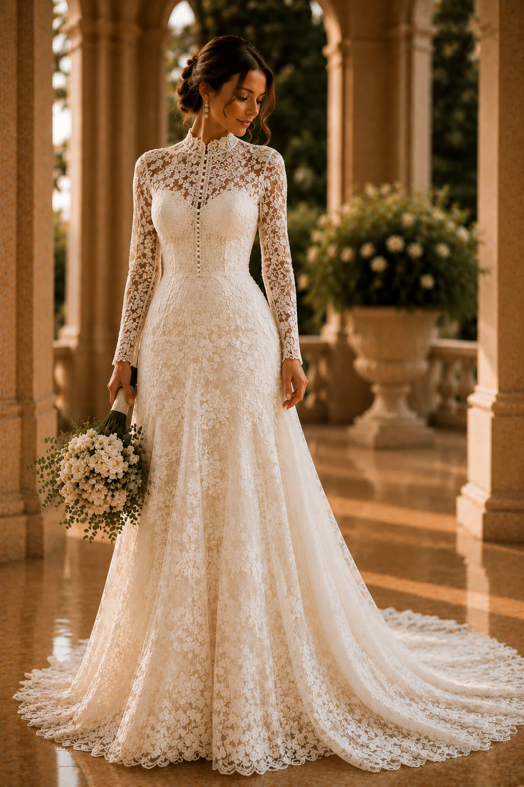 The Vintage-Inspired Lace Masterpiece — ivory lace wedding dress style outfit, worn by a stylish woman