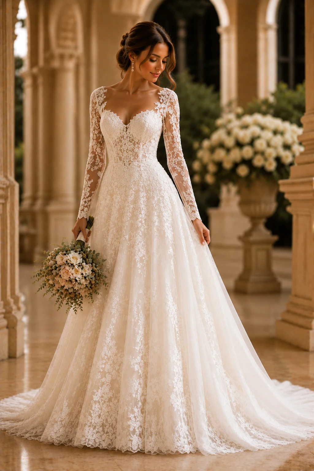The Romantic Lace Sleeve Masterpiece — ivory wedding dresses with sleeves style outfit, worn by a stylish woman