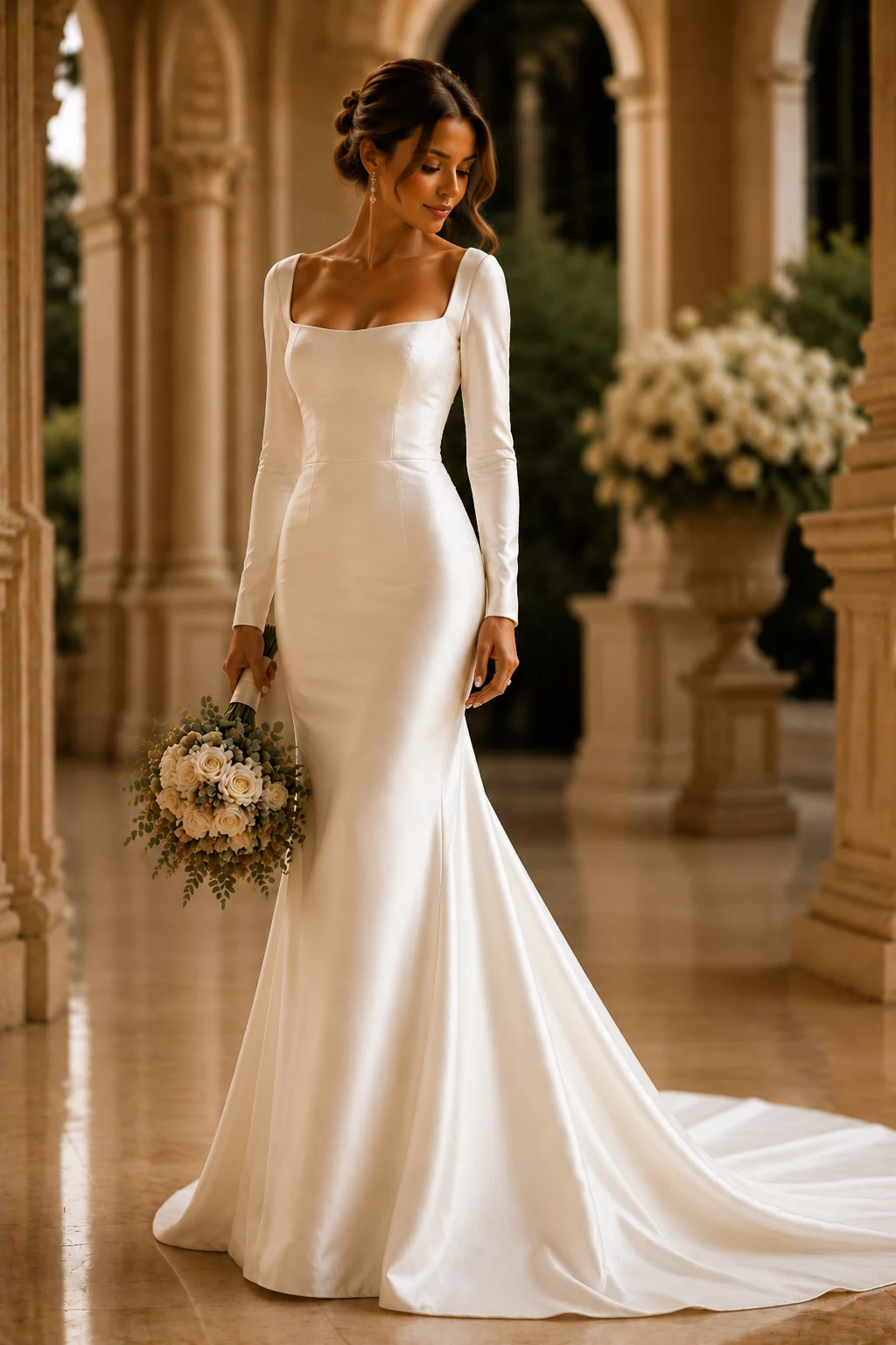 The Sleek Satin Long-Sleeve Statement — ivory wedding dresses with sleeves style outfit, worn by a stylish woman