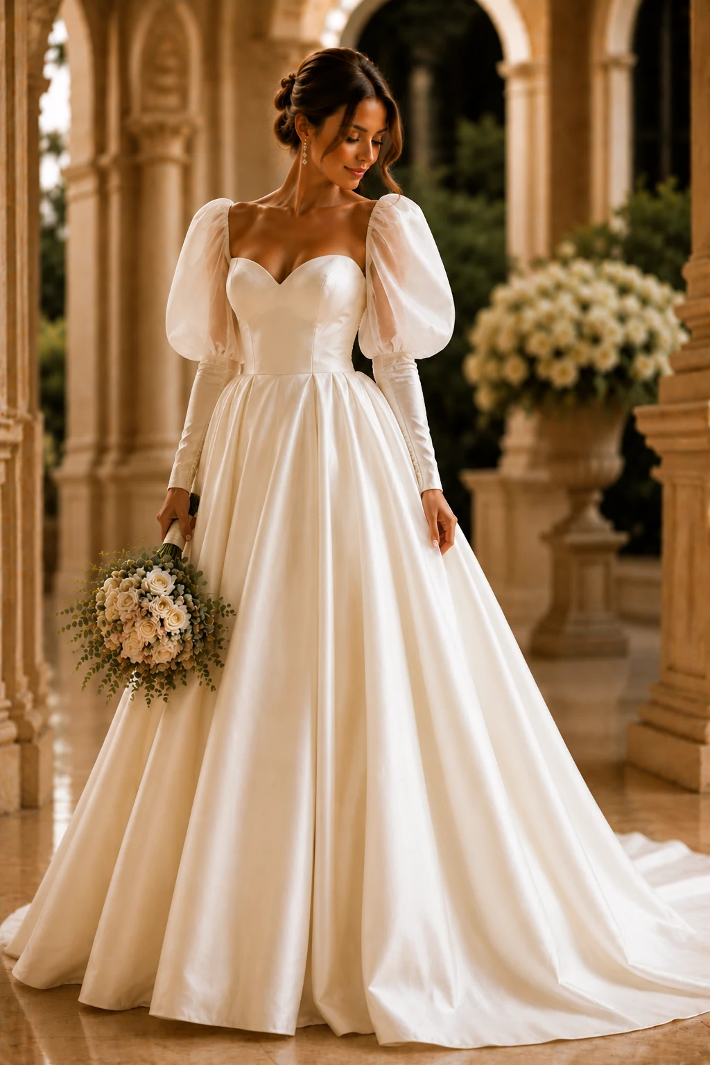 The Fairytale Puff Sleeve Ball Gown — ivory wedding dresses with sleeves style outfit, worn by a stylish woman