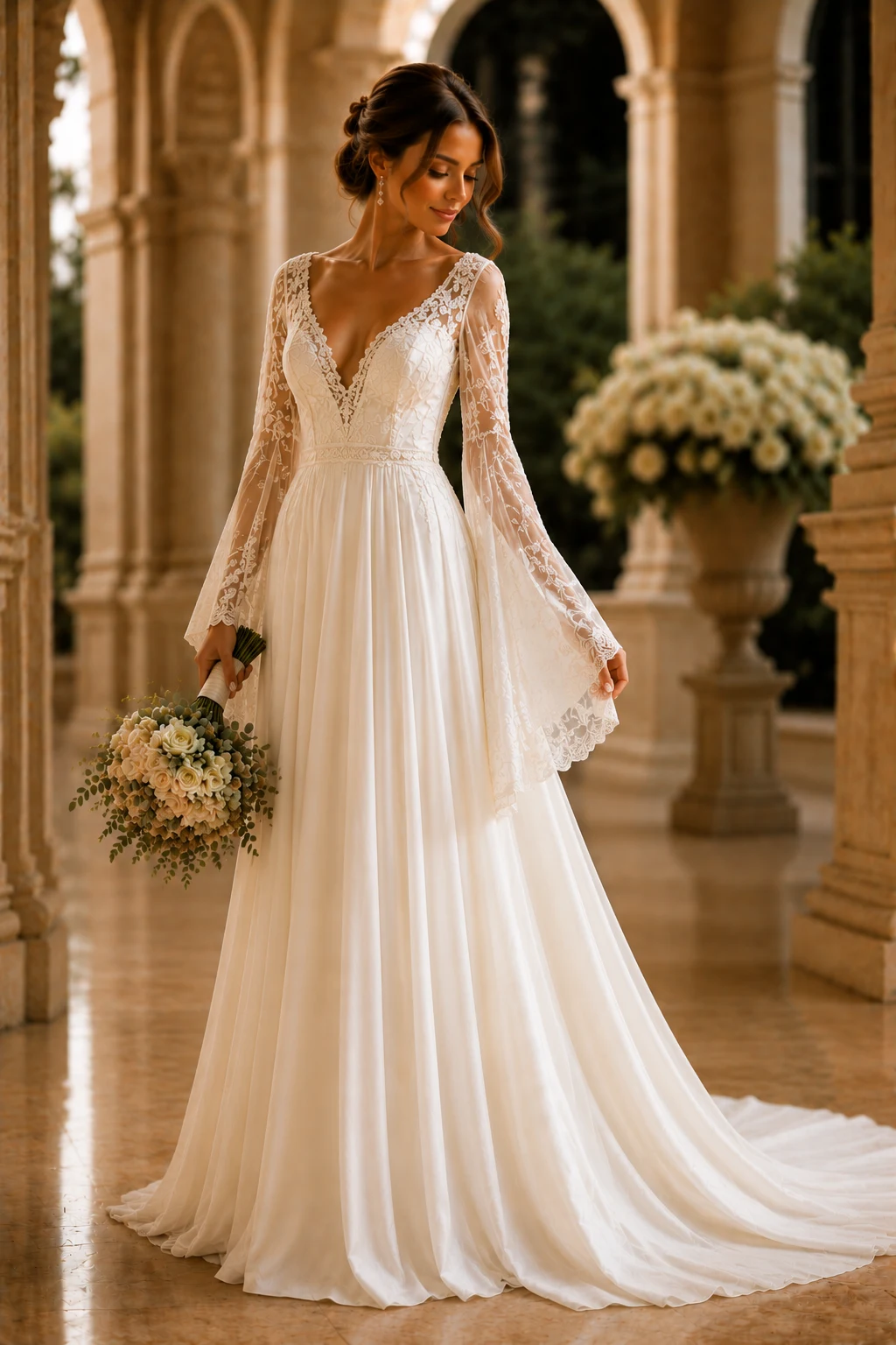 The Boho Bell Sleeve Beauty — ivory wedding dresses with sleeves style outfit, worn by a stylish woman