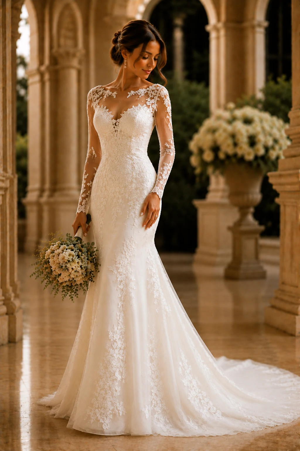 The Illusion Sleeve Glamour Dress — ivory wedding dresses with sleeves style outfit, worn by a stylish woman