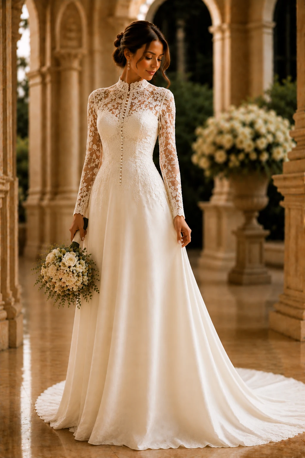 The Vintage-Inspired High Neck Stunner — ivory wedding dresses with sleeves style outfit, worn by a stylish woman