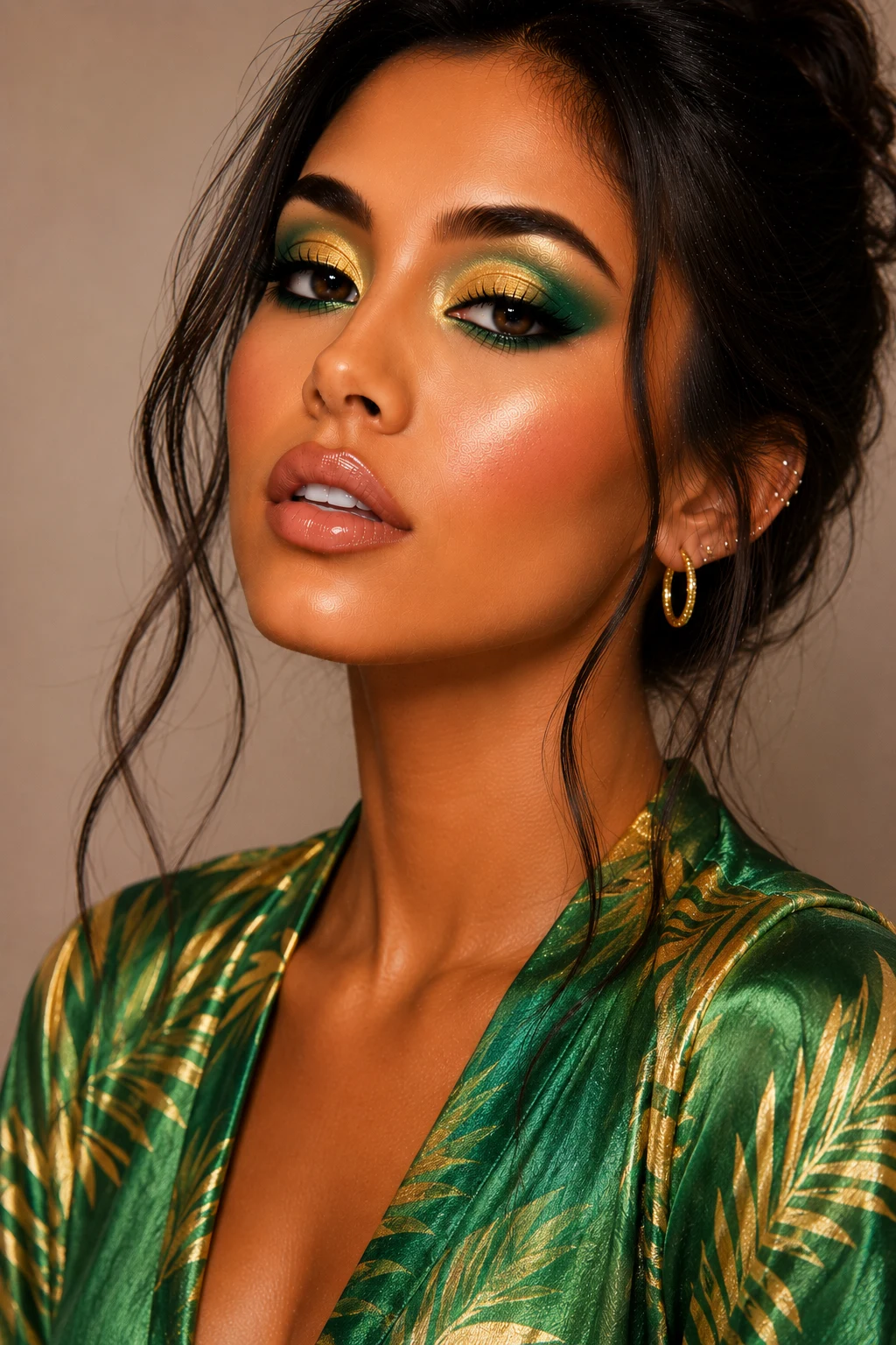 Tropical Green and Gold Glam — makeup looks colorful style outfit