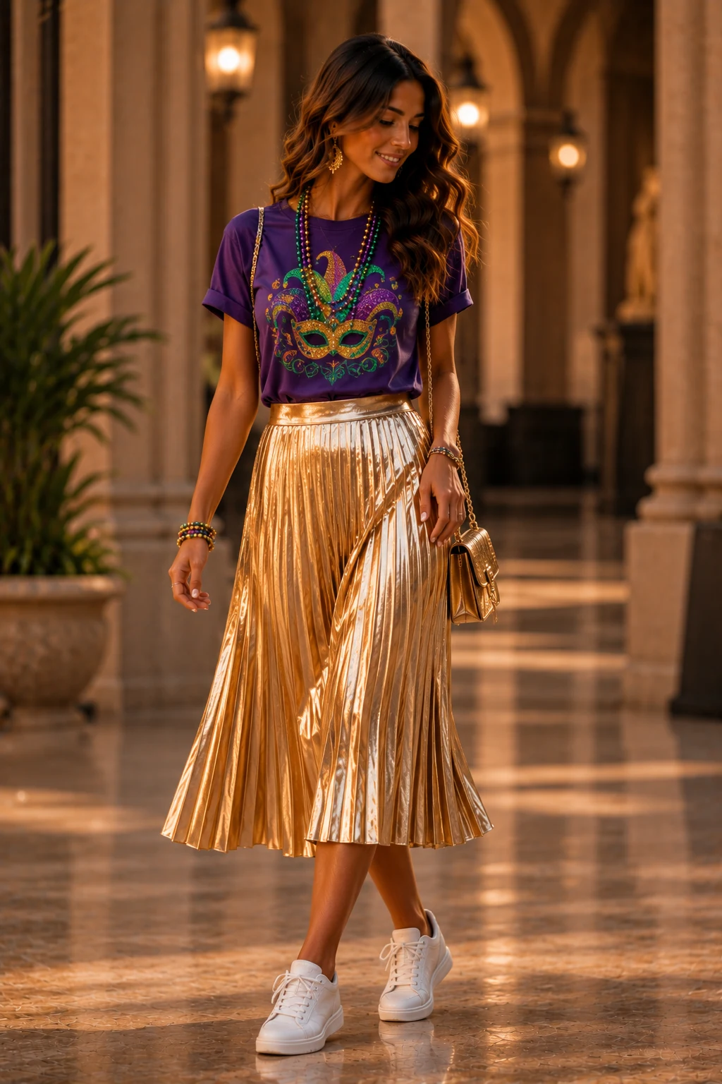 The Graphic Tee and Metallic Skirt Combo — mardi gras outfits style outfit, worn by a stylish woman
