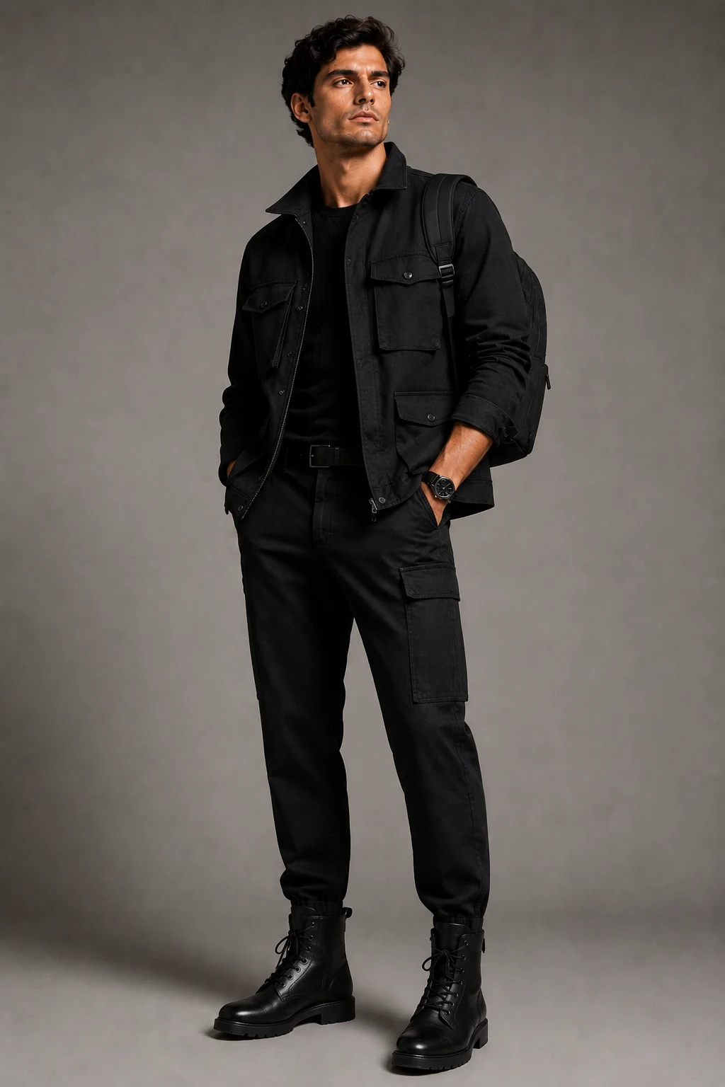 The Modern Utility Jacket Look — men in black outfit style outfit, worn by a stylish man