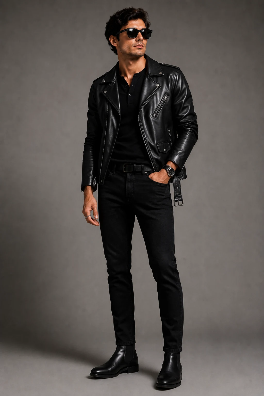 The All-Black Leather Jacket Classic — men in black outfit style outfit, worn by a stylish man
