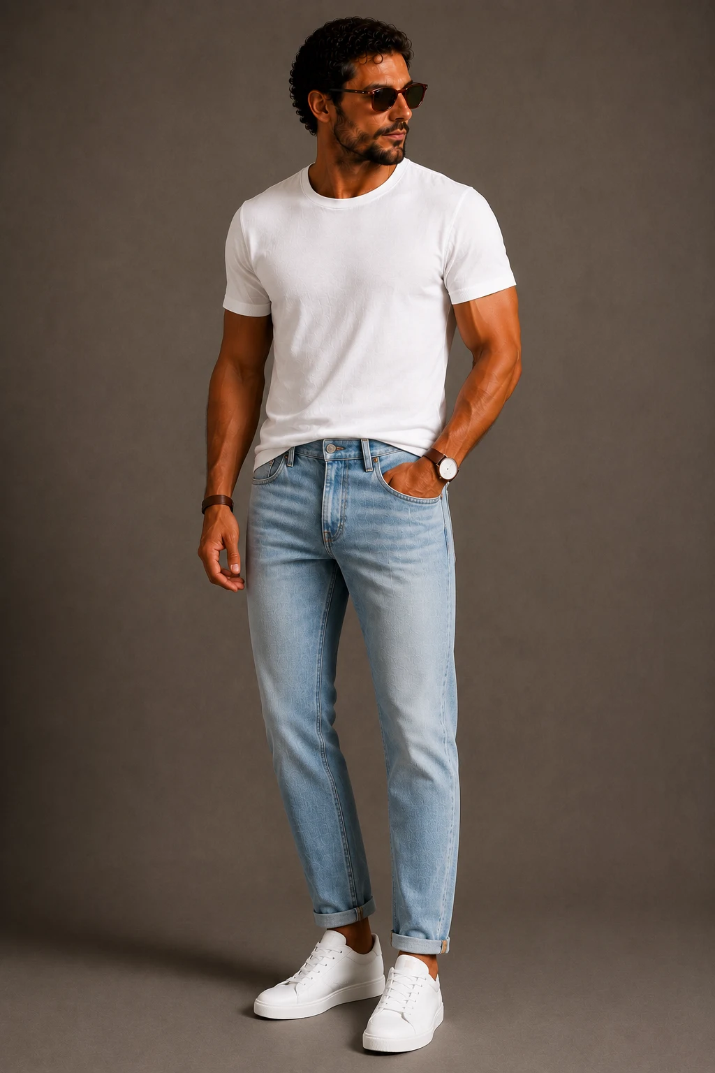 The White Tee and Light Wash Denim Classic — men summer outfits jeans style outfit, worn by a stylish man