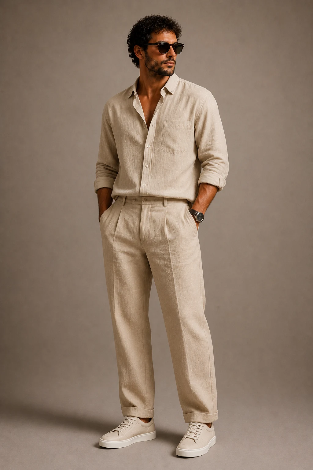 The Monochrome Linen Masterpiece — men summer outfits linen style outfit, worn by a stylish man