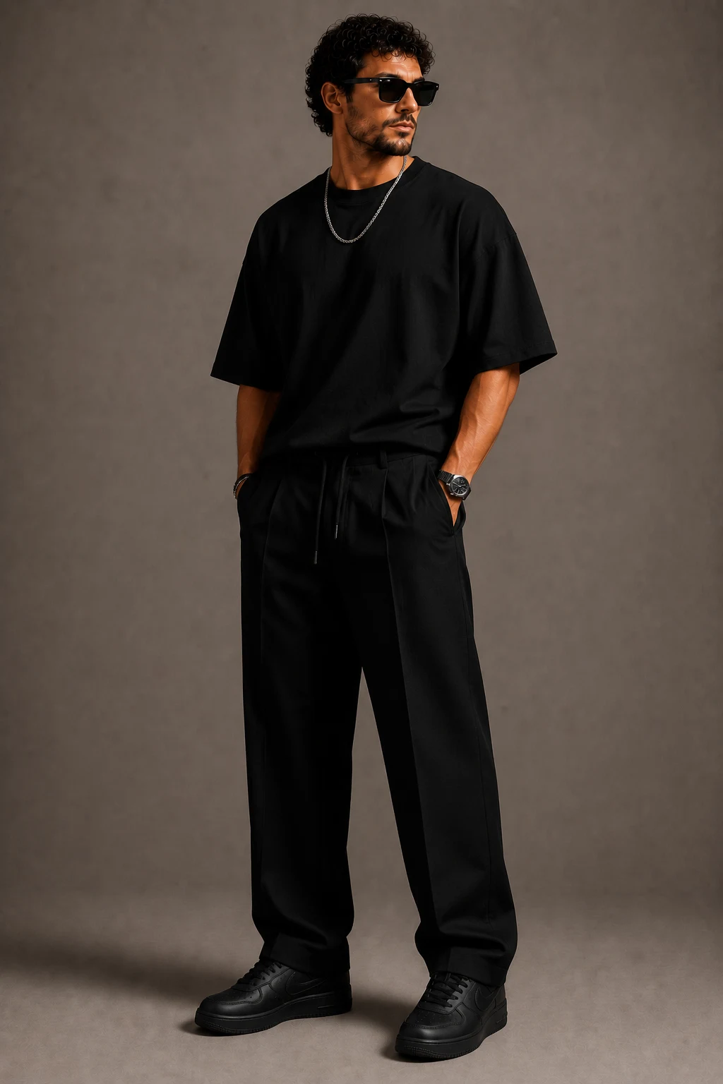 The Monochrome Black Street King — men summer outfits streetwear style outfit, worn by a stylish man