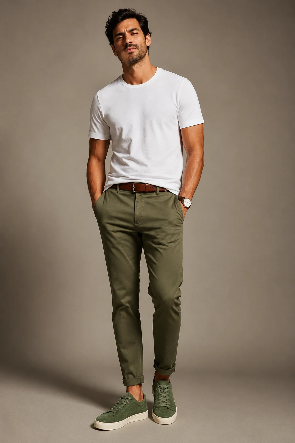 The Crisp White Tee and Olive Chino Classic — mens green tennis shoes outfit style outfit, worn by a stylish man