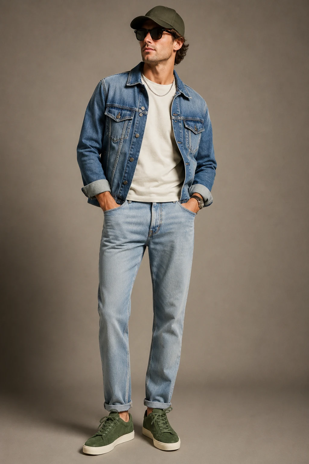 The Relaxed Denim Jacket Weekend Uniform — mens green tennis shoes outfit style outfit, worn by a stylish man